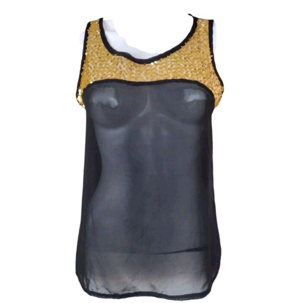 Unbranded Blouse Women S Black Sheer Gold Sequin Chiffon‎ Party Formal Flapper